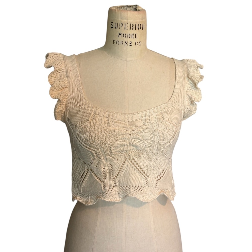 Cream Knit Ruffle Sleeve Crop Tank Top Women Small Festival Coquette Boho
